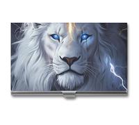 Porta biglietti da visita con leone bianco con occhi blu luminosi, in metallo, sottile, per carte di credito e nome, organizer per uomini e donne, 9,4 x 5,6 x 0,8 cm, Stile:, Taglia unica