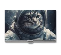 Porta biglietti da visita sottile portatile in metallo custodia per biglietti da visita astronauta gatto nello spazio tasca porta carte di nome portafoglio per uomini donne ufficio viaggi