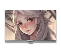 Porta biglietti da visita unisex con motivo anime girl dai capelli bianchi, porta biglietti da visita magnetico da viaggio, porta biglietti da visita portatile, adatto per professionisti aziendali,