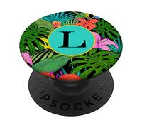 Porta bottone per telefono con foglie tropicali hawaiane floreali lettera L PopSockets PopGrip Intercambiabile