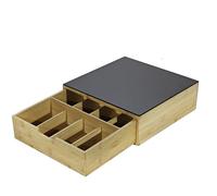 Porta Capsule in Bamboo con Top in Vetro Temperato Nero 4mm Cassetto Organizer Universale 4 Scomparti L30xP30xH10cm Supporto Macchina Caffè per Cialde Nespresso Dolce Gusto A Modo Mio