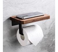 Porta carta igienica in legno con ripiano, mensola in legno di noce nero con barra e scaffale in metallo nero per rotoli di fazzoletti, telefono e asciugamani, decorazione da parete scandinava vintage