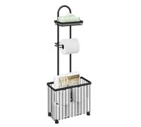 Porta carta igienica nero con ripiano portaoggetti per tablet e telefono, moderno organizer per fazzoletti in acciaio al carbonio, per piano di lavoro del bagno, design salvaspazio