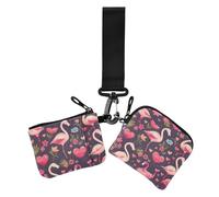 Porta carte da donna con fenicotteri rosa, romantico, porta carte di credito, sottile, staccabile, portachiavi con cinturino da polso, da donna, 2 pezzi, Fenicotteri rosa amore romantico, 1 size