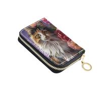 Porta carte di credito Calico Cat seduto davanti a un vaso floreale piccolo PU pelle cerniera porta carte portafoglio per le donne, Multicolore, Taglia unica, Casual