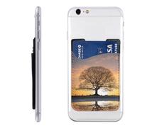 Porta carte di credito con albero di quercia in inverno al tramonto, in pelle PU, autoadesivo, adatto per il retro della maggior parte degli smartphone