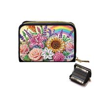 Porta carte di credito, fai da te Diamond Art Painting Zipper carte di credito portafoglio per le donne fisarmonica porta carte portachiavi portafoglio, Fiore - 2, 1, Moderno
