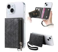 Porta carte di credito per telefono, in pelle, motivo geometrico, portafoglio, adesivo, con cerniera, per iPhone, Samsung, Android e tutti i telefoni cellulari, cinturino da polso nero