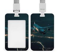 Porta carte d'identità con aereo che vola di notte, custodia protettiva in plastica rigida resistente con cordino rimovibile, clip per badge da lavoro, per uffici, fabbriche, ospedali