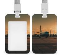 Porta carte d'identità con aereo sull'asfalto in plastica dura resistente, custodia protettiva con cordino rimovibile, clip per badge da lavoro, per uffici, fabbriche, ospedali