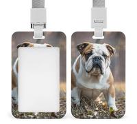 Porta carte d'identità con bulldog inglesi, custodia protettiva in plastica rigida resistente con cordino rimovibile, clip per badge da lavoro, per uffici, fabbriche, ospedali