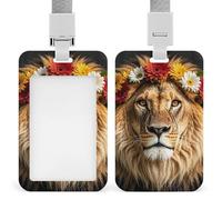 Porta carte d'identità con leone africano che indossa un fiore sulla testa, custodia protettiva in plastica rigida resistente con cordino rimovibile, clip per badge da lavoro, per uffici, fabbriche