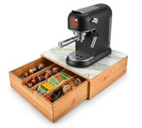 Porta Cialde e Capsule in Bambù con 4 Scomparti e Piano in Vetro Temperato Bianco - Organizer Universale per Cialde, Capsule, Tisane e Accessori - 30x30x10cm - Per Angolo Caffè in Casa e Ufficio