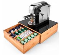 Porta Cialde In Bambù Con Cassetto 4 Scomparti Ripiano in Vetro Organizer Capsule Caffè Cialde Bustine Tè Tisane Zucchero Design Elegante per Cucina e Ufficio 30 x 30 x 10 Cm Marrone