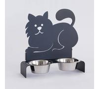 Porta Ciotole Gatto doppio in metallo, 32x13Px33h, colore Nero Goffrato nero goffrato