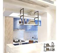 Porta di vino galleggiante del soffitto - Porta bottiglia a ripiana in legno massiccio, a 2 livelli in ferro battuto per la parete da parete, portabicchieri da cucina appesa al soffitto, porta