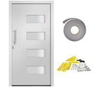 Porta d'ingresso in alluminio e PVC bianco, 100 x 210 cm, con serratura di sicurezza a 5 posizioni, soglia di alluminio, guarnizione, set di maniglie, protezione termica e acustica per ingresso