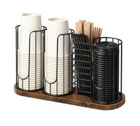 Porta dispenser per tazze da caffè, base in legno, coperchio per bicchieri | Scaffale in metallo a 4 scomparti, design retrò in ferro battuto, piano di lavoro da scrivania, bagno per gli ospiti, cucina
