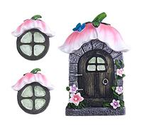 Porta fatata da giardino e finestra per alberi, 14 cm, in resina, in miniatura, porta gnomo, decorazione da giardino, luci al buio (Fiore)