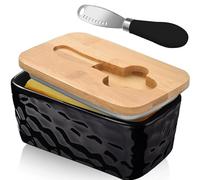 Porta Formaggio da Frigorifero, Porta Burro da Frigorifero, Formaggiera da Frigo, Portaburro da Frigo, Burriera in Vetro Ceramica Bianca con Coperchio in Bambù Burriera in Porcellana (Nero)