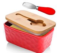 Porta Formaggio da Frigorifero, Porta Burro da Frigorifero, Formaggiera da Frigo, Portaburro da Frigo, Burriera in Vetro Ceramica Bianca con Coperchio in Bambù Burriera in Porcellana (Rosso)
