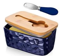 Porta Formaggio da Frigorifero, Porta Burro da Frigorifero, Formaggiera da Frigo, Portaburro da Frigo, Burriera in Vetro Ceramica Bianca con Coperchio in Bambù Burriera in Porcellana (Blu)