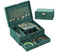 Porta Gioielli Donna, Cofanetto Portagioie Scatola Porta Gioielli da Viaggio con 2 Strati di Gioielli Serrature a Cassetto per Anelli Bracciali Orecchini Collane Regali(Verde Scuro)