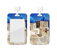Porta identificativo con vista sul mare dell'isola di Santorini con cordino Protettore per carta d'identità verticale Porta con finestra trasparente Porta identificativo per inferm