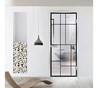 Porta in vetro per interni con cerniera, modello urbano, vetro di sicurezza trasparente da 8 mm, decorazione nera, cornice a L, adatta per apertura 90 x 198 cm