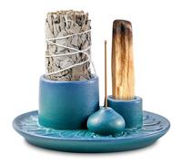 Porta incenso 4 in 1 per ogni incenso, supporto Palo Santo, supporto per bastoncini di incenso, supporto per bastoncini di incenso, salvia bianca per affumicare (blu)