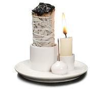 Porta incenso e candela multifunzione 4 in 1 in ceramica con vassoio raccogli cenere, adatto per bruciare salvia bianca, bastoncini di Palo Santo (bianco)