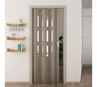 Forte Porta a Soffietto Luciana in PVC, Resistente agli urti, Riducibile, Kit completo di serratura, L88,5 x H214 cm, Effetto Legno Rovere Tortora con vetro satinato