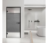 Porta interna in vetro con cerniera, modello Bali, vetro di sicurezza trasparente da 8 mm, decorazione nera, cornice a L, adatta per apertura 90 x 198 cm