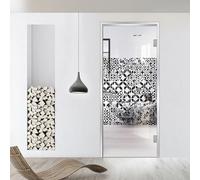 Porta interna in vetro con cerniera, modello Verona, vetro di sicurezza trasparente da 8 mm, decorazione nera, cornice a L, adatta per apertura 70 x 198 cm