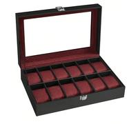 Porta Orologi a 12 Posti, Scatola Portaorologi, Coperchio in Vetro, Cuscini Rimovibili, Chiusura in Metallo, Idea Regalo, Superficie in PU Nero,Interno Rosso Bordeaux, Regalo Natale [Lavorazione di qu