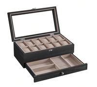 Porta Orologi a 12 Scomparti, Scatola Portaorologi a 2 Livelli, Coperchio in Vetro, con Cuscinetti, Fodera in Velluto, Idea Regalo, Nero Ebano, Regalo Natale [Capiente con spazio suddiviso] Con 12 pos