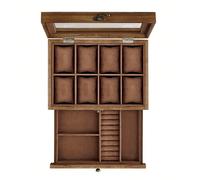 Porta Orologi a 8 Scomparti, Scatola Portaorologi a 2 Livelli, Coperchio in Vetro, con Cuscinetti, Fodera in Velluto, Idea Regalo, Noce Rustico, Regalo Natale [Capiente con spazio suddiviso] Con 8 pos