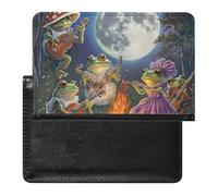 Porta passaporto con rana e falò per feste sotto la luna, per uomo e donna, in pelle PU, portafoglio da viaggio