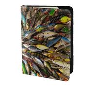 Porta passaporto con stampa di esche da pesca, elementi essenziali da viaggio, carte e passaporto, portafoglio antifurto, dimensioni adatte a tutti i passaporti standard