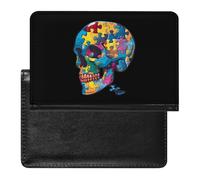 Porta passaporto con teschio puzzle per la consapevolezza dell'autismo per uomo donna custodia passaporto in pelle PU portafoglio da viaggio