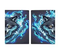 Porta passaporto con testa di lupo in fiamme blu, ultra sottile, in pelle PU, organizer compatto premium internazionale per passaporto, per donne e uomini