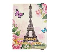 Porta passaporto in pelle personalizzato Fiori di pesca Romantico Torre Eiffel personalizzato Vaccino Card Holder Cover Combo Copertura per passaporto con blocco RFID Ultra Slim, fiori di pesca