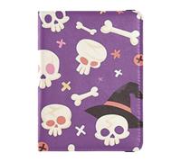 Porta passaporto viola con teschio e cappello da strega, design di Halloween, per viaggi, con slot per carte di credito, porta passaporto RFID, porta libri in pelle PU, accessori da viaggio per donne