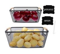 Porta Patate, Cipolle e Aglio - 2 Ceste Rete Metallica con Manico Legno, Contenitore Arieggiato per Frutta e Verdura, Organizzazione Cucina Dispensa, Design Aperto, 2 Misure (Piccola Grande)