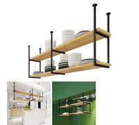 Porta pentole sospeso in Metallo sospeso a soffitto - Cucina a Parete con ripiano in Legno a 2 Livelli e portabottiglie Nero per Bar e Sala da Pranzo (100x30x80 cm)