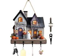 Porta per il muro - Decorazione di Halloween di Natale | Segno di parete per vacanze in legno con portapacchi a, segno a forma di casa 2D con ganci per borse di cappelli sciarpe ingresso