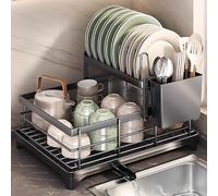 Porta Piatti da Appoggio con Scarico Automatico Scola Posate da Cucina di Grande Capacità Organizer Lavello Cucina per Case e Appartamenti Capacità di Carico 25kg(Black)