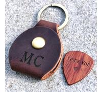 Porta plettri per chitarra personalizzato con 1 plettro, portachiavi in vera pelle vegana vintage con monogramma, regalo inciso per la festa del papà