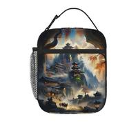 Porta pranzo con stampa artistica di architettura antica cinese, montagna, nebbia, paese delle meraviglie, riutilizzabile, a prova di perdite, portatile, isolato, per picnic, ufficio, escursionismo,