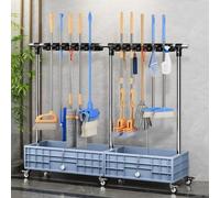 Porta scopa mobile, porta scopa con ruote con serbatoio, porta attrezzi per la pulizia in acciaio inox, scolapiatti con 20 fessure e 24 ganci, mobiletto porta scope per giardino e garage